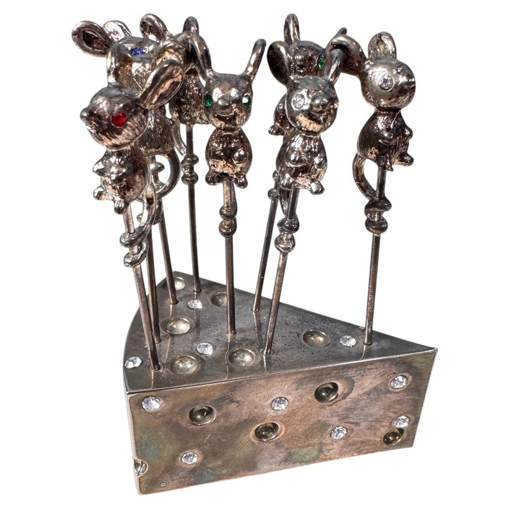 Elegance Silver Plated Cheese Knife Set‎ Rhinestone Mouse Appetizer Picks